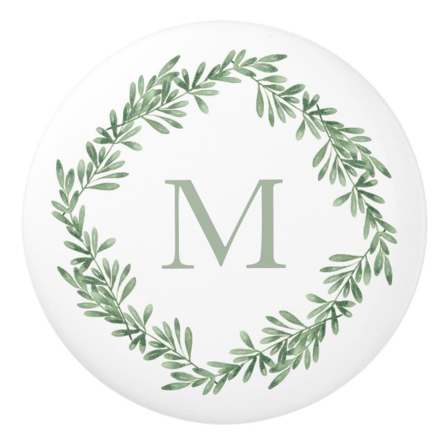 Watercolor Rosemary Wreath  Ceramic Knob (Front)