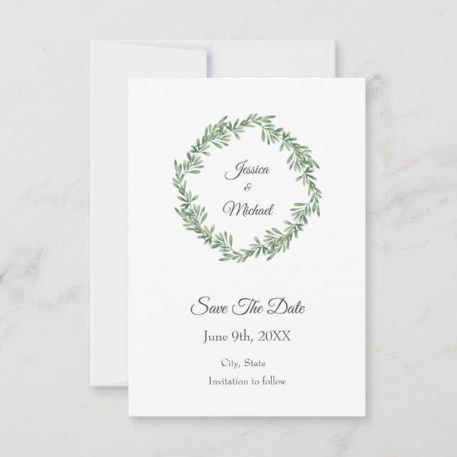 Watercolor Rosemary Wreath Save The Date (Front)