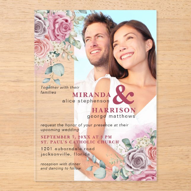 Watercolor Roses Acrylic Photo Wedding Invitation (Front)