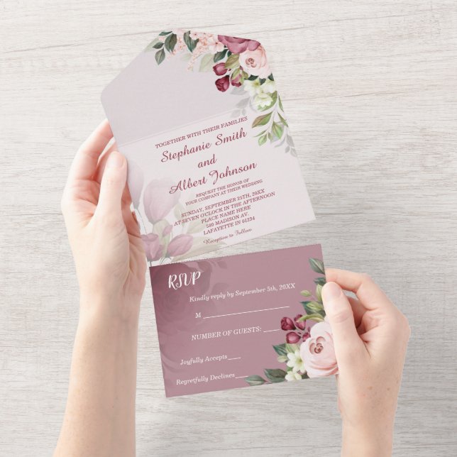 WAtercolor Roses All in One Wedding Invitation (Tearaway)