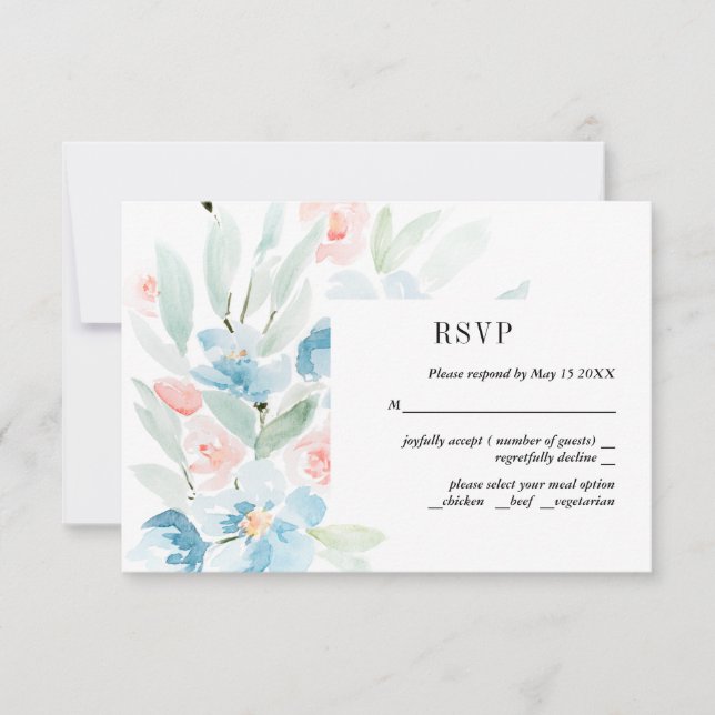 Watercolor Roses and Blue Wedding RSVP Card (Front)