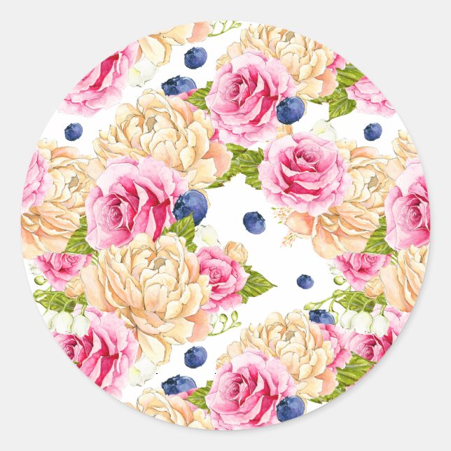 Watercolor Roses and Blueberries Pattern Botanical Classic Round Sticker (Front)