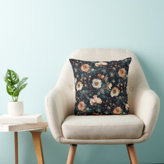 Watercolor Roses and Florals on Black Background Cushion