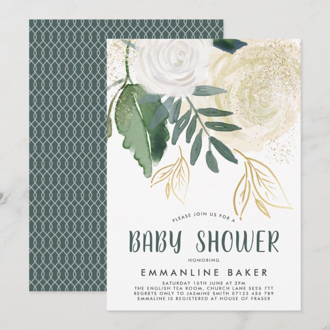 Watercolor Roses and Foliage Baby Shower Invite (Front/Back)