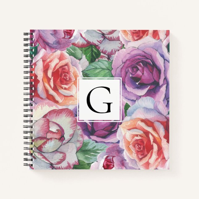 Watercolor roses and frame with monogram floral notebook (Front)
