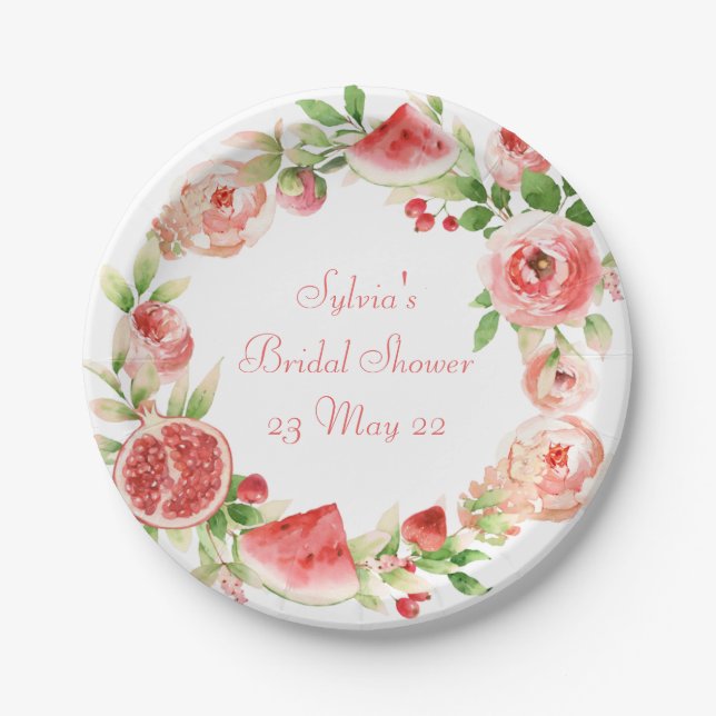 Watercolor  Roses and Fruit Wreath Paper Plate (Front)