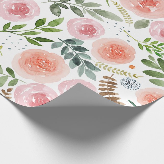 Watercolor Roses and Greenery Leaves  Wrapping Paper (Corner)