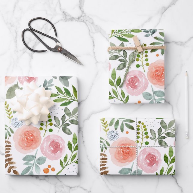 Watercolor Roses and Greenery Leaves  Wrapping Paper Sheet (Front)