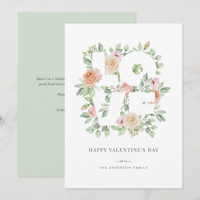 Watercolor Roses and Greenery LOVE Valentine's Day Holiday Card (Front/Back)