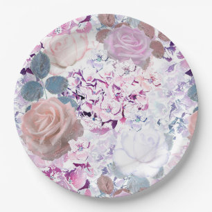 Watercolor roses and hydrangeas. paper plate