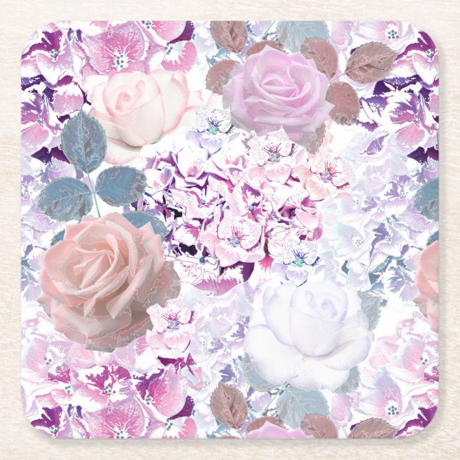 Watercolor roses and hydrangeas. square paper coaster (Front)