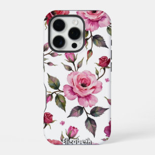 Watercolor Roses and Leaves Pattern iPhone 16 Pro Case