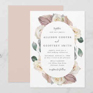 Watercolor Roses and Orchids Oval Frame Wedding Invitation