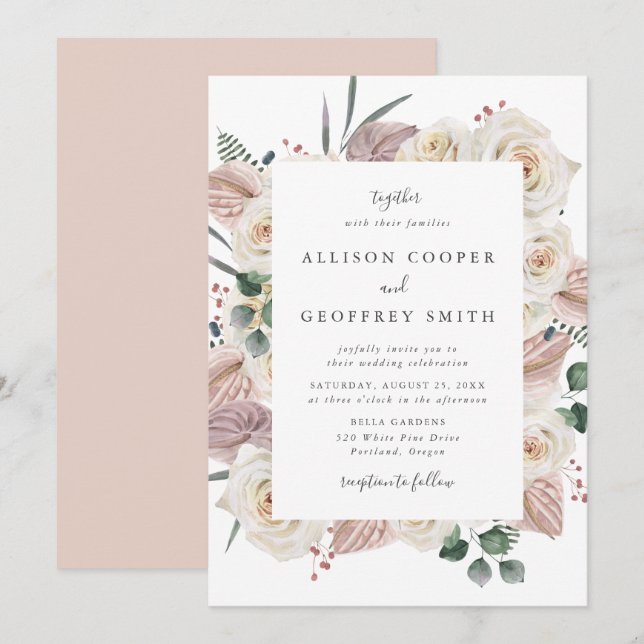 Watercolor Roses and Orchids Wedding Invitation (Front/Back)