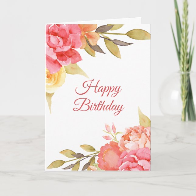 Watercolor Roses and Peonies Feminine Birthday Card (Front)