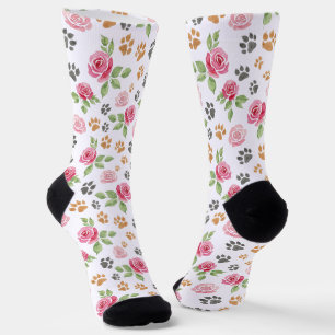 Watercolor Roses and Pet Paw Prints Floral Socks