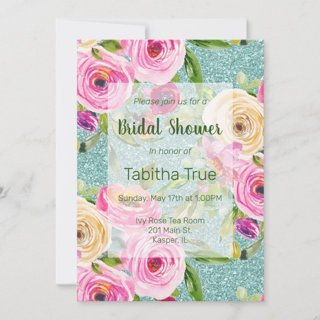 Watercolor Roses Aqua Glitter Bridal Shower Invitation (Front)
