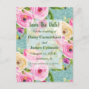 Watercolor Roses Aqua Glitter Save the Date Postcard