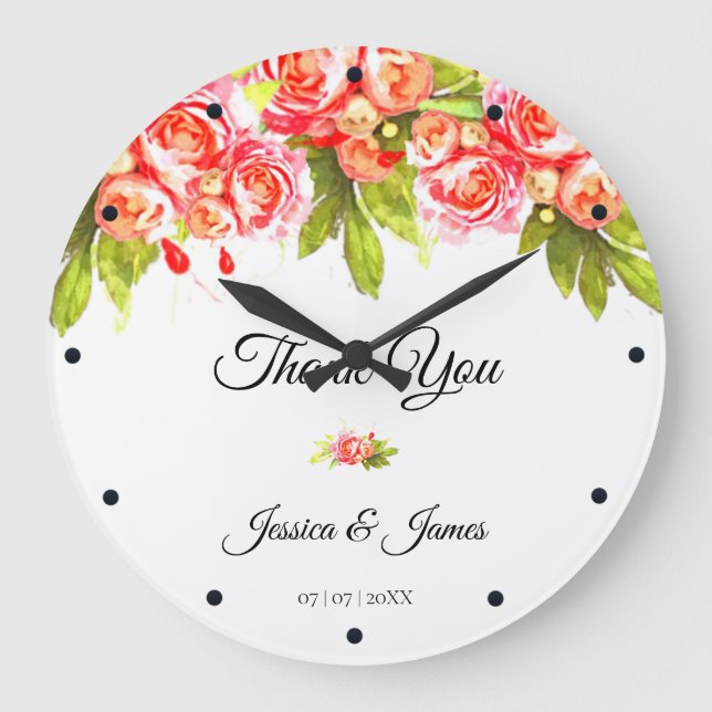 Watercolor Roses Arrangement Thank You Large Clock (Front)