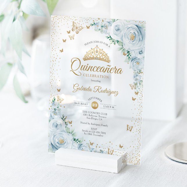 Watercolor Roses Baby Blue Floral Quinceanera Acrylic Invitations (Creator Uploaded)