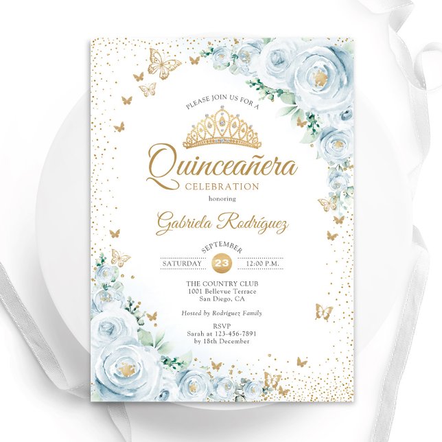 Watercolor Roses Baby Blue Floral Quinceanera Invitation (Creator Uploaded)
