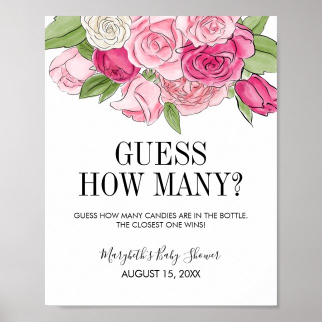 Watercolor Roses Baby Shower Guess How Many Game Poster (Front)