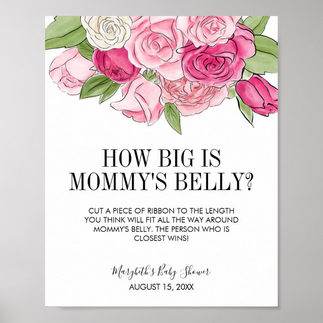 Watercolor Roses Baby Shower Mummy's Belly Game Poster (Front)