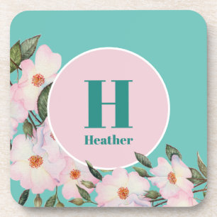 Watercolor Roses Ballerina Floral Monogram Circle Coaster