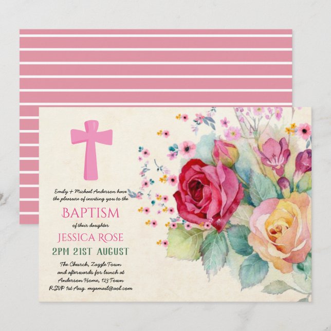 Watercolor Roses BAPTISM Girls, Woman Invites (Front/Back)