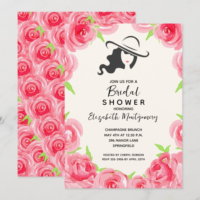 Watercolor Roses Big Hat Bridal Shower Invitation (Front/Back)