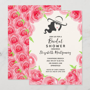 Watercolor Roses Big Hat Bridal Shower Invitation