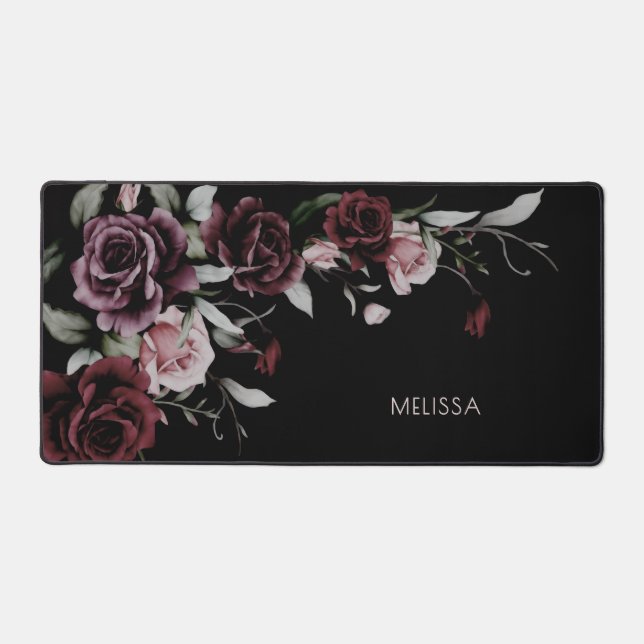 Watercolor Roses Black Background Desk Mat (Front)