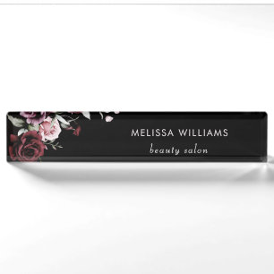 Watercolor Roses Black Background Nameplate