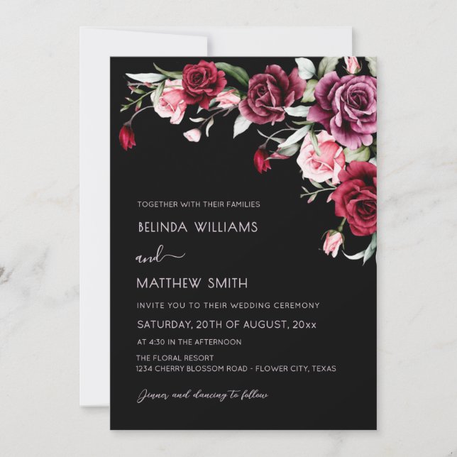 Watercolor Roses Black Background | Photo Wedding Invitation (Front)