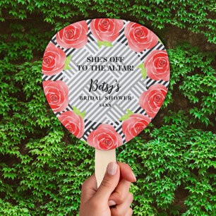 Watercolor Roses Black Stripes Derby Bridal Shower Hand Fan