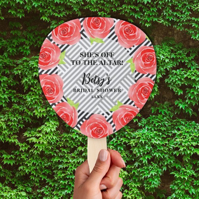 Watercolor Roses Black Stripes Derby Bridal Shower Hand Fan (Watercolor Roses Black Stripes Derby Bridal Shower Hand Fans)