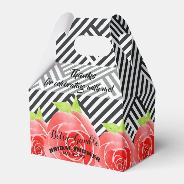 Watercolor Roses Black White Stripes Derby Gable Favour Box (Front Side)