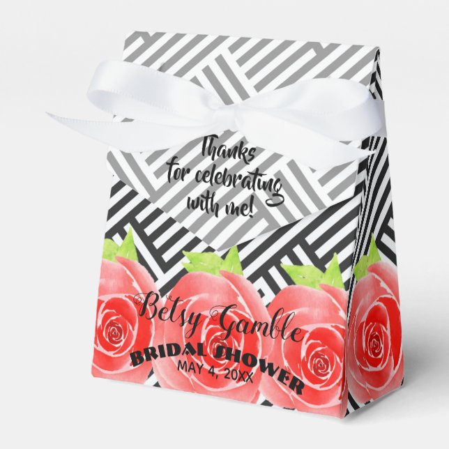 Watercolor Roses Black White Stripes Derby Tent Favour Box (Front Side)