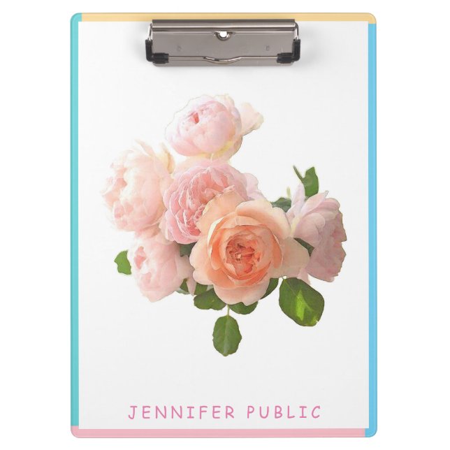Watercolor Roses Blue Green Pink Yellow Template Clipboard (Front)