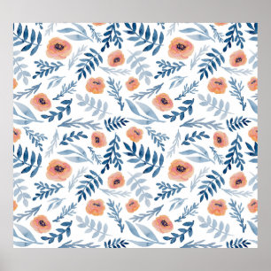 Watercolor Roses: Blue Leaves Seamless Poster