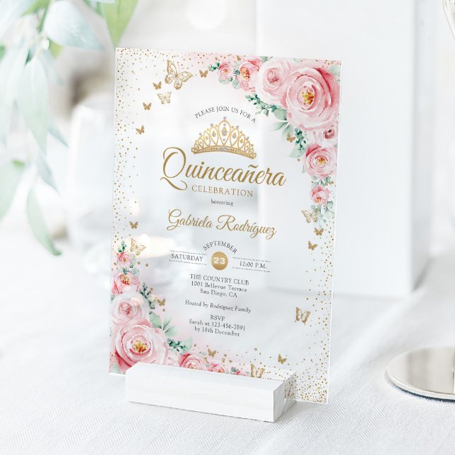 Watercolor Roses Blush Pink Floral Quinceanera Acrylic Invitations (Creator Uploaded)