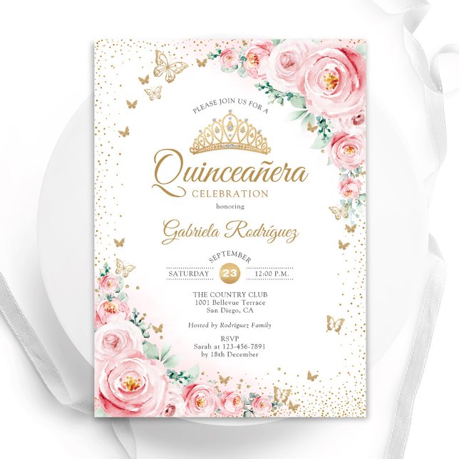 Watercolor Roses Blush Pink Floral Quinceanera Invitation (Creator Uploaded)