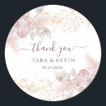 Watercolor Roses Blush Pink Floral Thank You  Classic Round Sticker<br><div class="desc">Blush Pink and Creme Roses Wedding Floral Thank You Sticker - features dusty pink script written font and elegant grey font,  dusty pink roses with creme beige dry leaves and golden confetti.</div>
