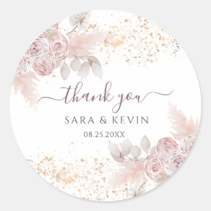 Watercolor Roses Blush Pink Floral Thank You  Classic Round Sticker