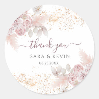 Watercolor Roses Blush Pink Floral Thank You  Classic Round Sticker