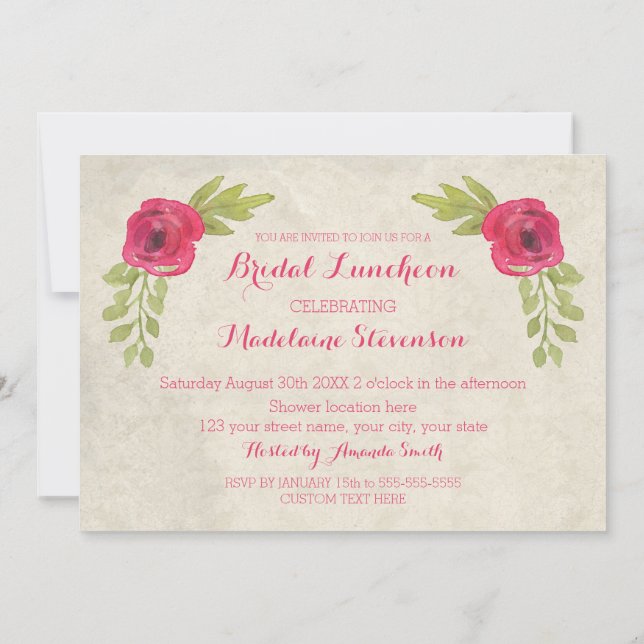 Watercolor Roses Bridal Lunch Invitations (Back)