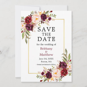 Watercolor Roses Burgundy Gold Frame Save The Date