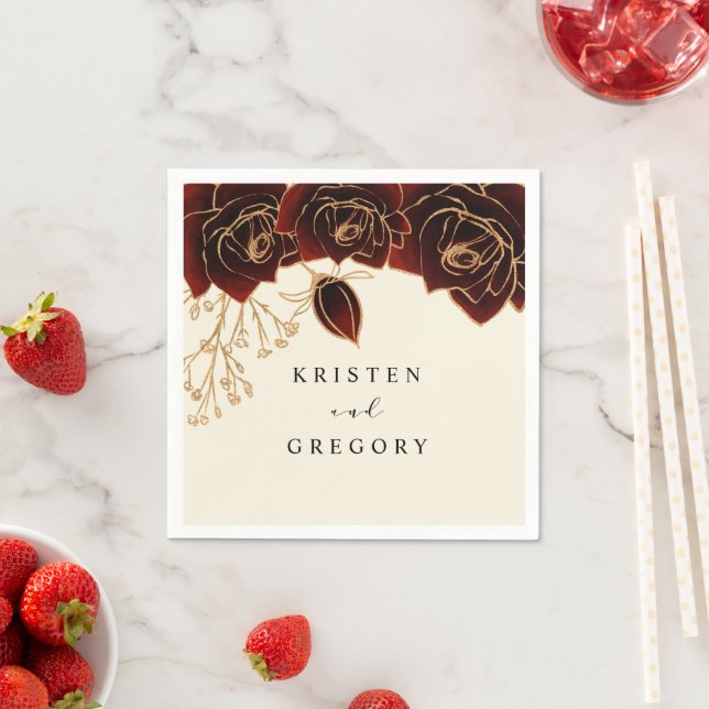 Watercolor Roses Burgundy Gold Wedding Napkins (Insitu)