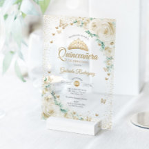 Watercolor Roses Cream Gold Floral Quinceanera