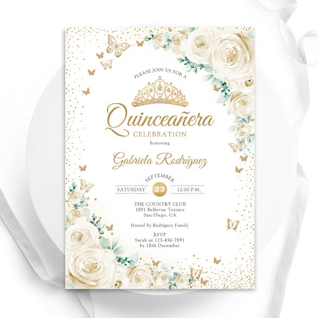Watercolor Roses Cream Gold Floral Quinceanera Invitation (Creator Uploaded)